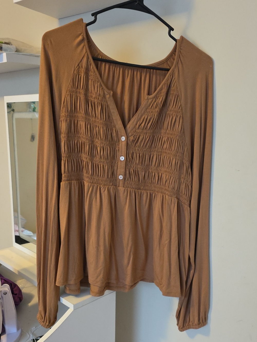 Women’s Long Sleeve Smocked Peasant Top - Brown